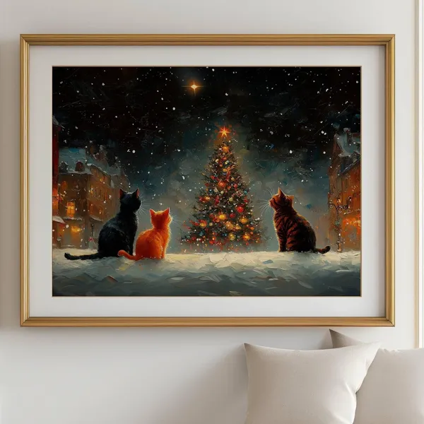 Cats And Christmas Tree, Impressionist Holiday Art Print