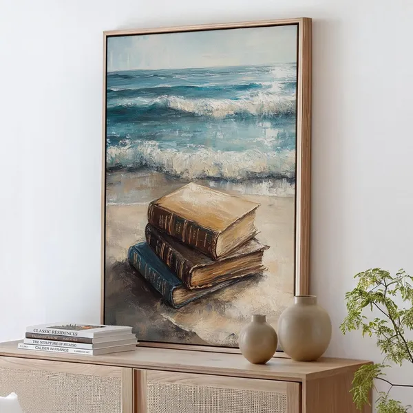 Vintage Coastal Stack Of Books Beach Travel Poster