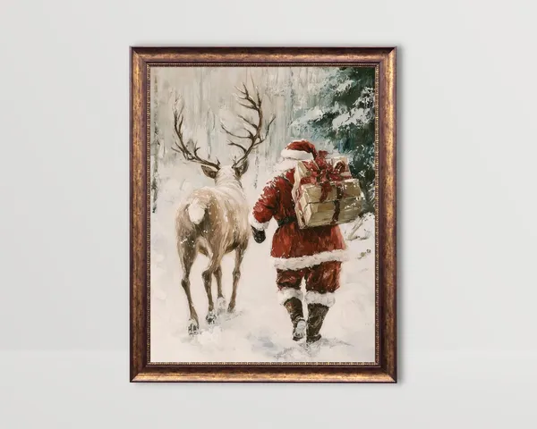 Vintage Santa With Reindeer Christmas Art Print