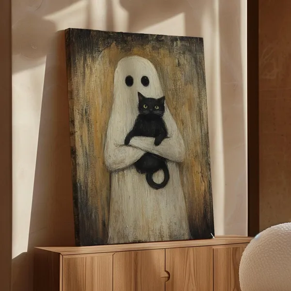 Ghost And Black Cat Rustic Halloween Art Print