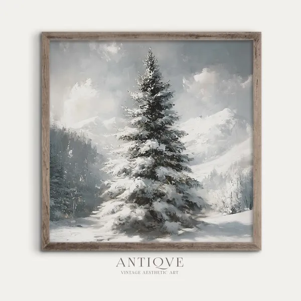 Fir Tree Painting Print, Snow-Covered Farmhouse Decor