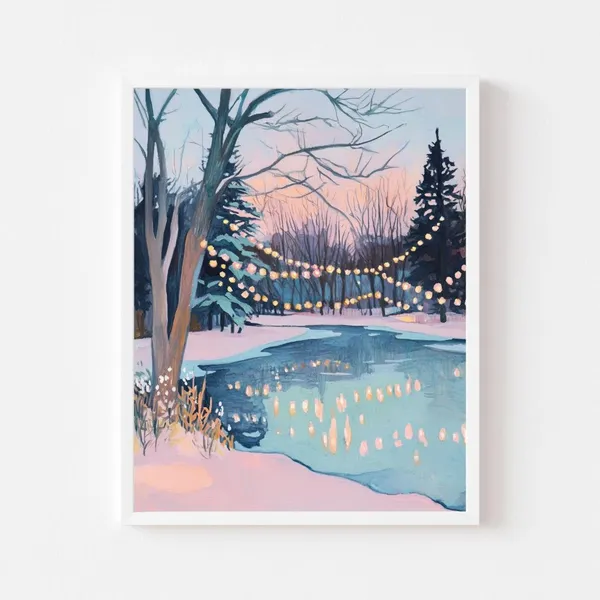 Pastel Winter Pond Christmas Sunset Art Print
