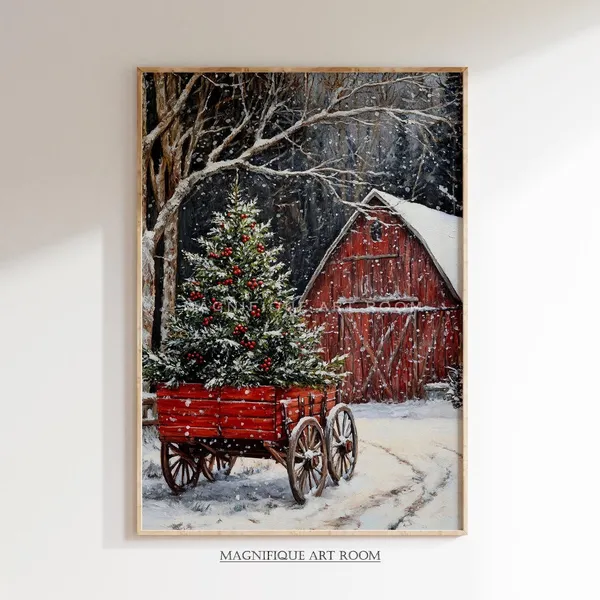 Christmas Farm Red Barn, Rustic Winter Landscape Art Print