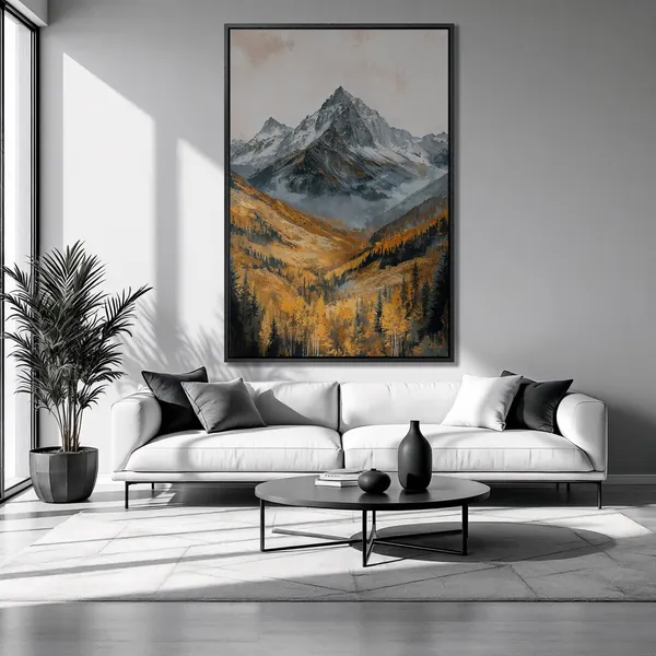 Snowy Rocky Mountain Landscape Art Print, Autumn Forest