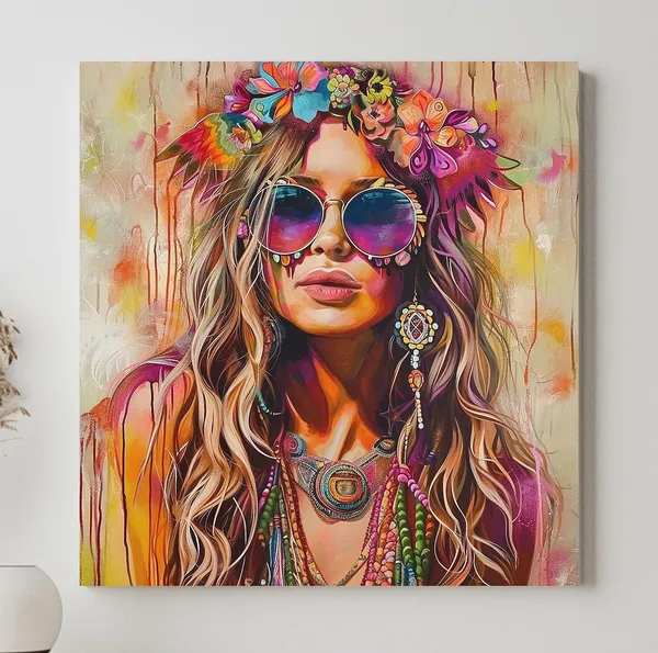 Boho Hippie Girl Art Print, Boho Home Decor