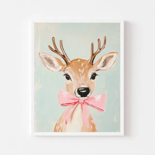 Girly Reindeer With Pink Bow, Pastel Christmas Art Print