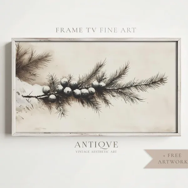 Juniper Branch Art Print, Neutral Holiday Decor