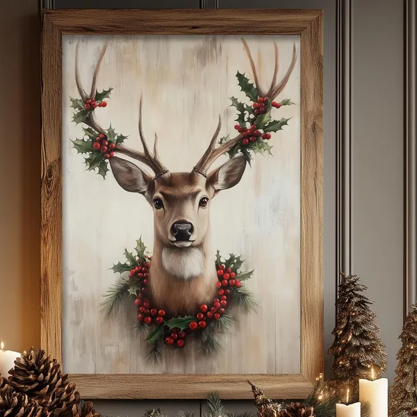 Reindeer, Vintage Christmas Nature Rustic Art Print