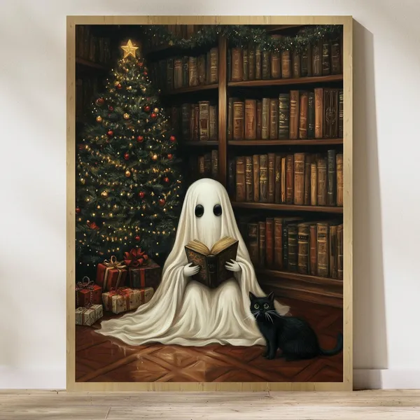 Ghost and Black Cat Spooky Christmas Art Print