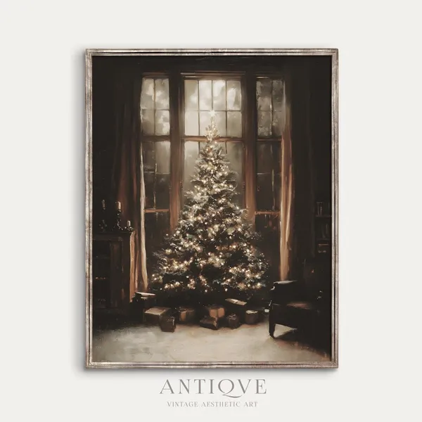 Elegant Christmas Tree by Window, Winter Room Scene Art Print