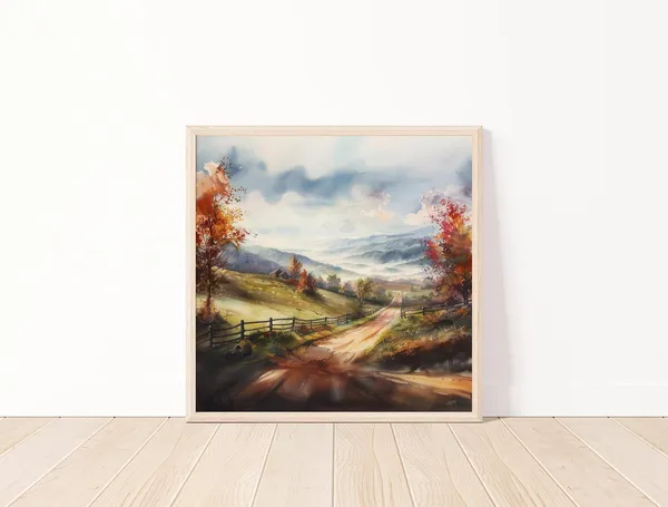 Scenic Watercolor Countryside Autumn Landscape Art Print