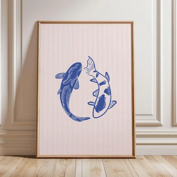 Blue Yin Yang Fish Whimsical Poster, Dorm Room Decor