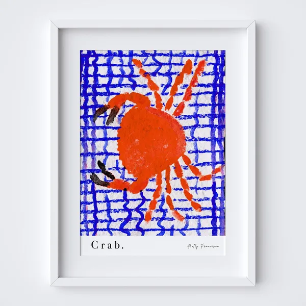 Crab On Blue Tablecloth Art Print, Coastal Illustration