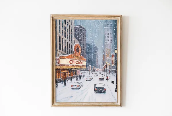 Vintage Christmas Chicago Travel Poster, Winter Night