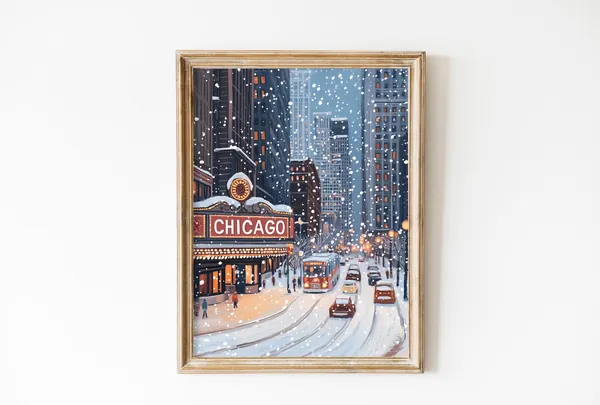 Vintage Theatre Christmas Chicago Travel Poster