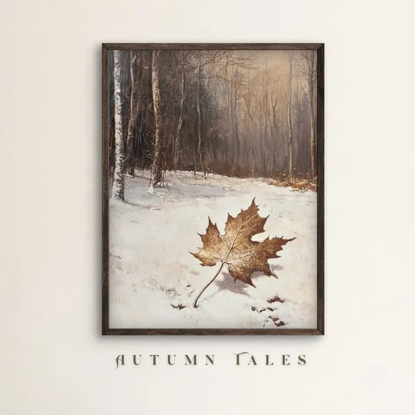 Vintage Winter Forest Maple Leaf Snow Print