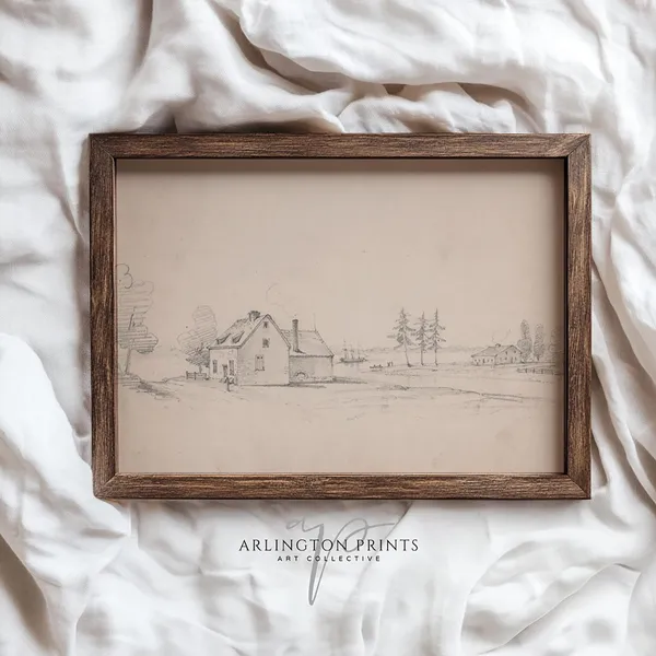Vintage Farmhouse Sketch Art Print, Country Scene