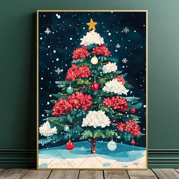 Colorful Christmas Tree Holiday Artwork, Whimsical Print