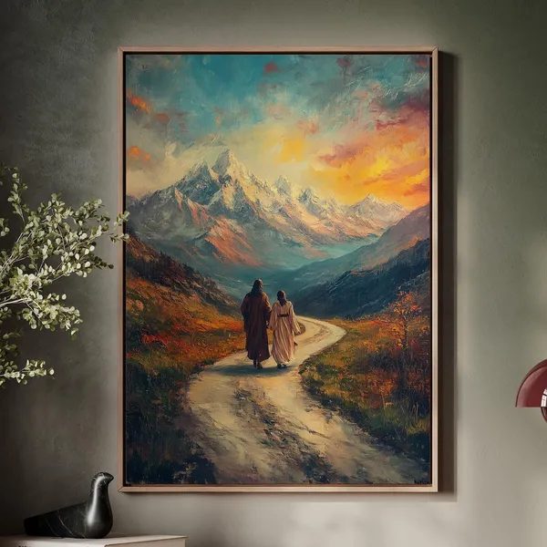 Jesus Walking With Disciple In Mountains Art Print