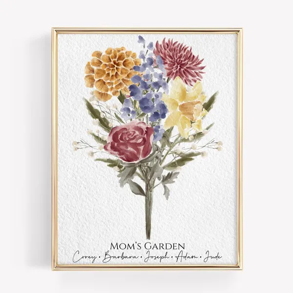 Family Birth Flower Bouquet, Watercolor Custom Gift