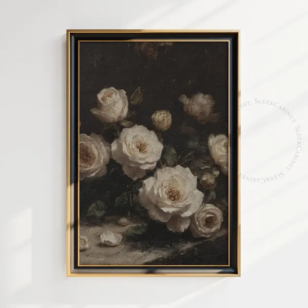 Dark Floral Still Life Oil Painting Wall Art Print