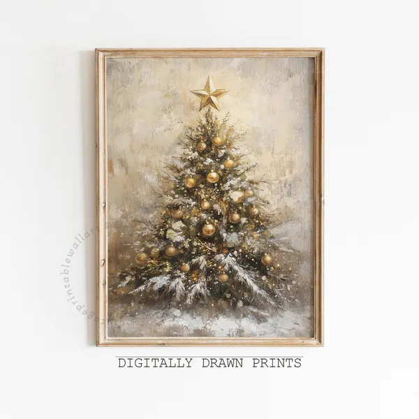 Vintage Golden Christmas Tree Art Print, Rustic Holiday