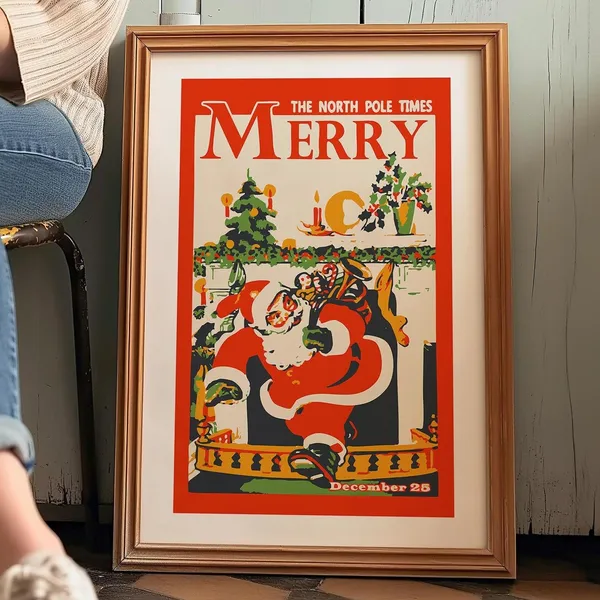 Retro Christmas North Pole Art Print, Holiday Decor