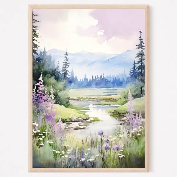 Foggy Mountains River Landscape Watercolor Art Print