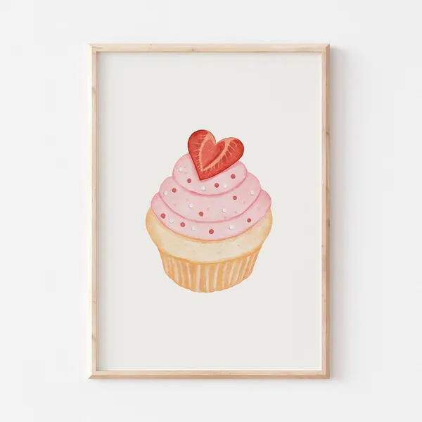Pink Valentines Day Cupcake Watercolor Art Print