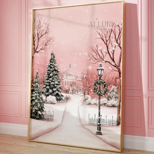 Pink Christmas Village Print, Pastel Holiday Town