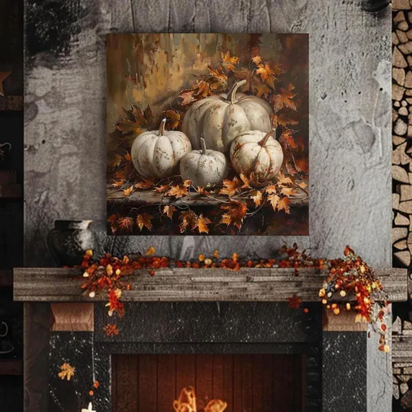 White Pumpkin and Autumn Leaves Still Life Art Print
