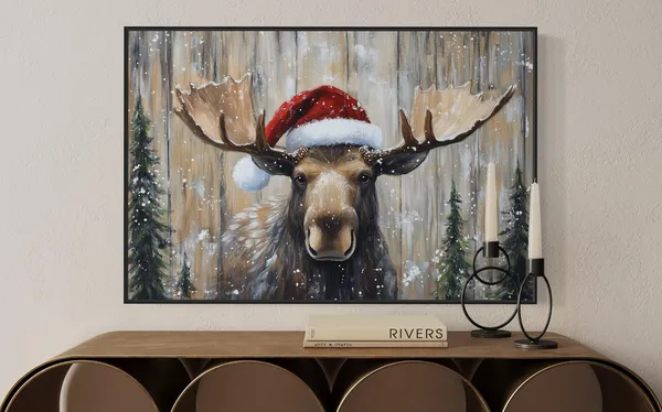 Santa Moose Christmas Art Print, Rustic Holiday Decor