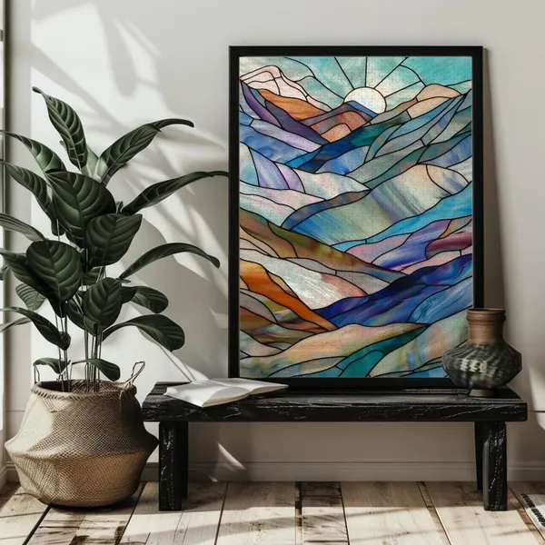 Stained Glass Mountain Range Art Print, Nature