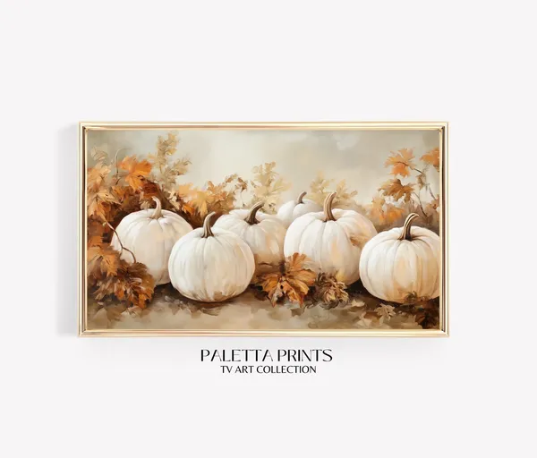 Neutral Leaves and Pumpkins, Vintage Still Life Art Print