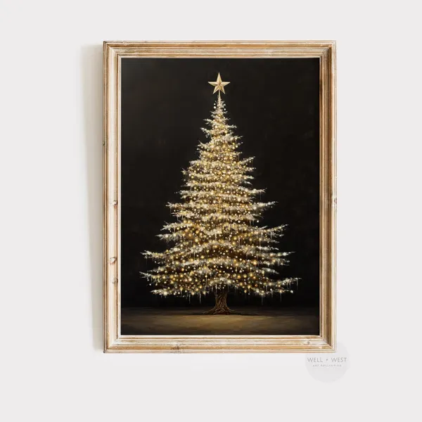 Vintage Christmas Tree Art Print, Moody Holiday Decor