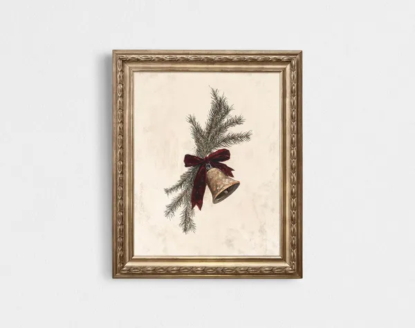 Christmas Bell Print With Pine Ribbon Bow, Vintage Holiday Art