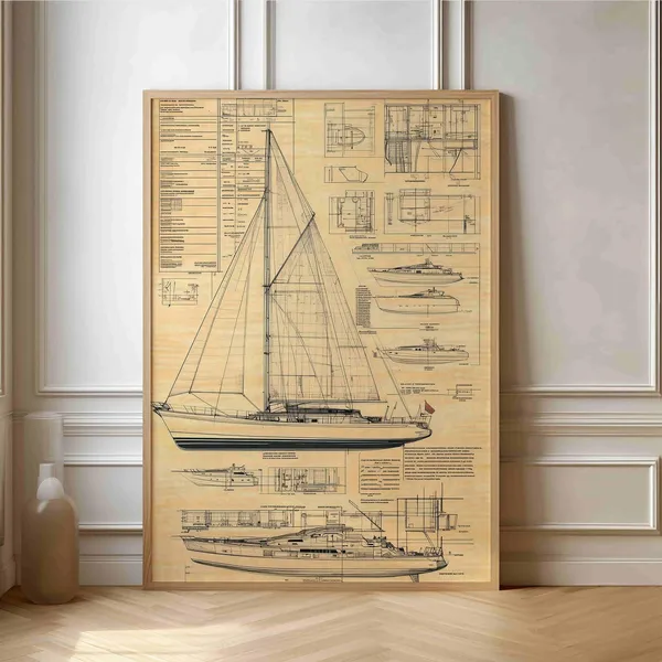 Classic Yacht Blueprint Poster, Nautical Art Print