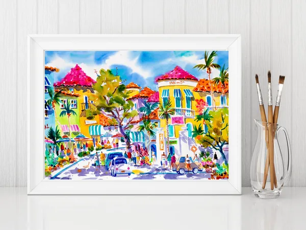 Naples Florida Watercolor Art Print, 5th Avenue