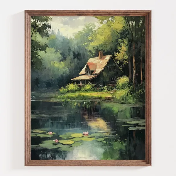 Rustic Cottage Water Lily Pond Landscape Art Print