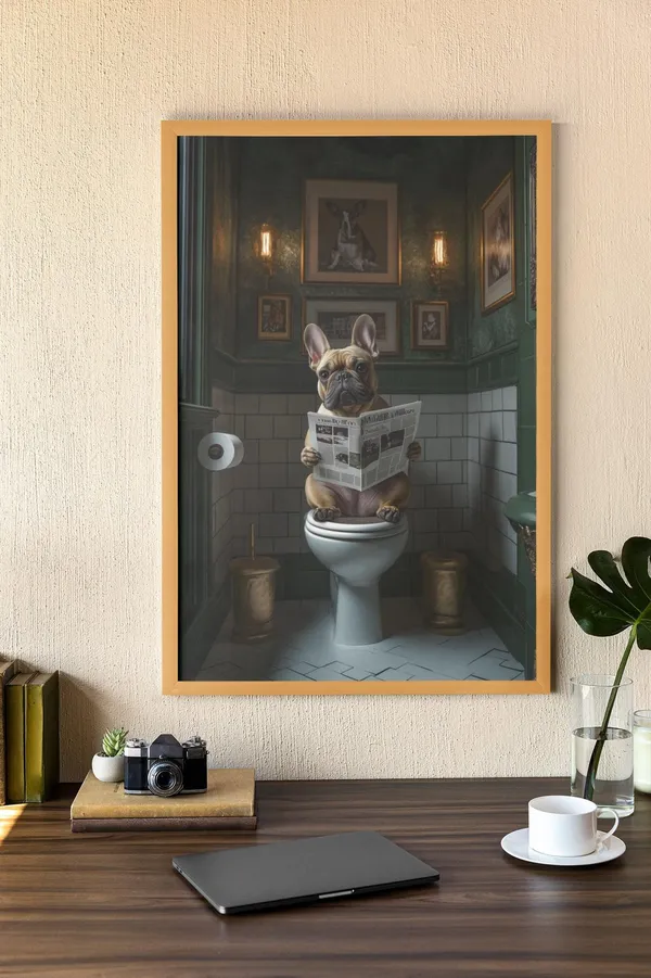 French Bulldog Bathroom Art, Quirky Dog Newspaper Print