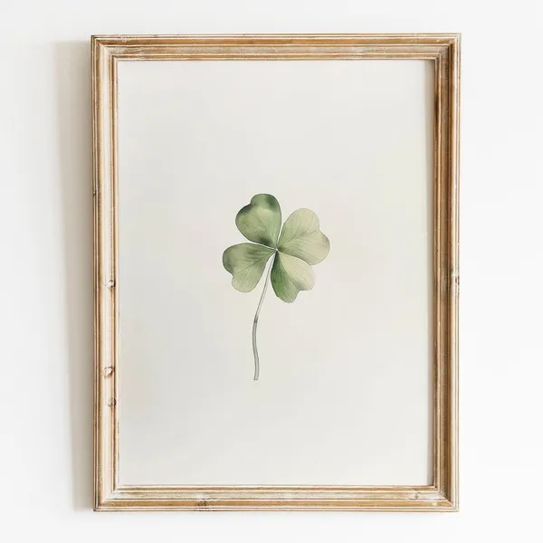 Minimalist Four Leaf Clover Print, Boho Watercolor