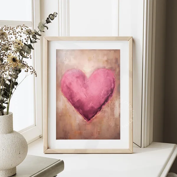 Valentines Pink Heart Print, Vintage Wall Art