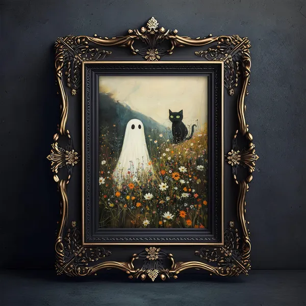 Ghost and Black Cat, Whimsigoth Halloween Poster