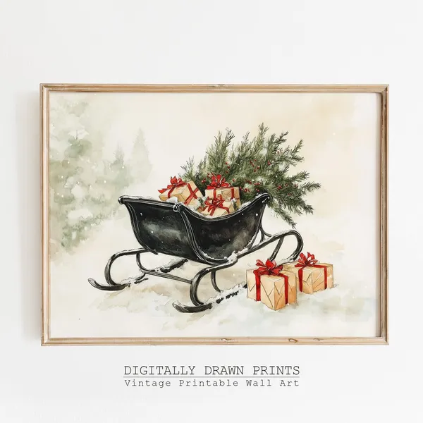 Vintage Santa Sleigh Christmas Tree Poster