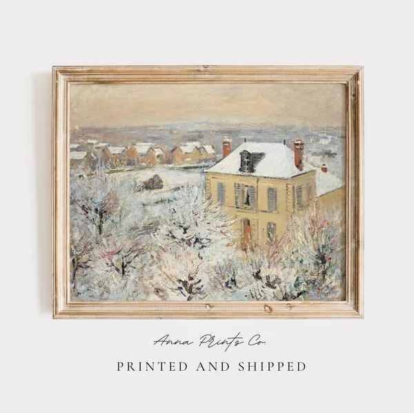 Antique Yellow House in Snowy Landscape, Vintage Art Print