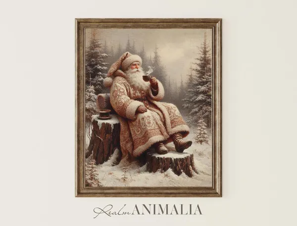 Vintage Santa Drinking Coffee Art Print, Antique Style