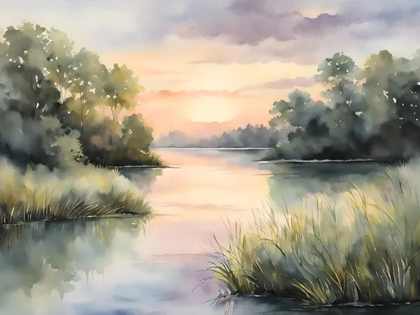 Sunset Lake Painting, Great Lakes Watercolor Art Print