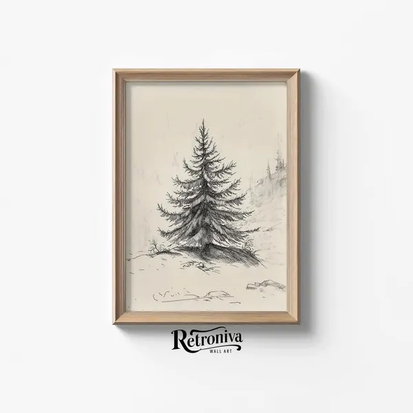 Vintage Evergreen Tree Sketch, Farmhouse Wall Decor