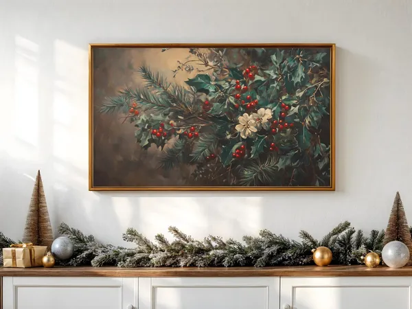 Winter Floral Vintage Holiday Artwork, Rustic Decor