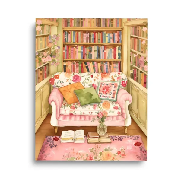 Retro Bookshelf Watercolor Print, Cozy Living Room Decor